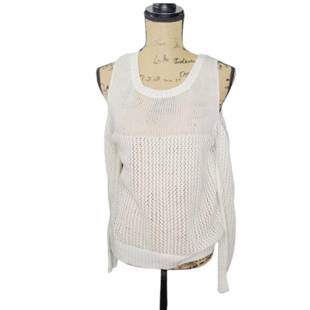 Slouchy White Crochet Cold Shoulder Sweater by Solemio